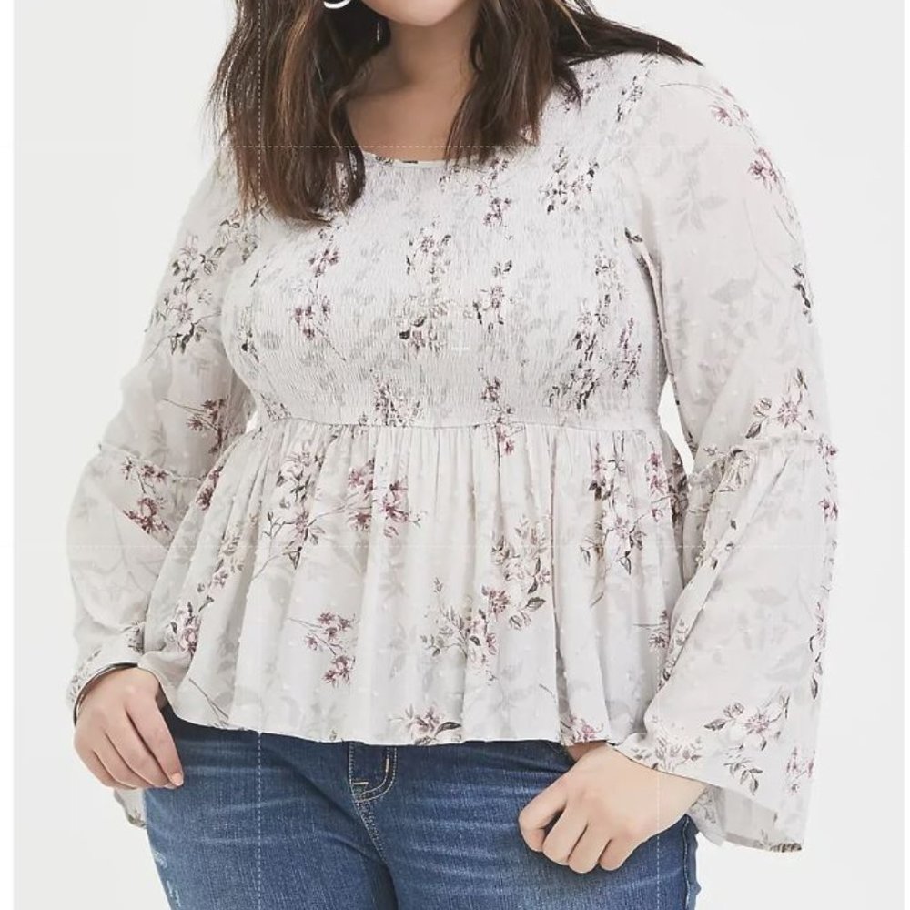 NWT Torrid Ivory Floral Crinkle Gauze Midi Babydoll Top Blouse Size: 6X (30)